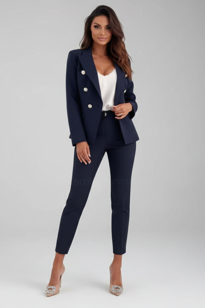 Women's tailored blazer and high-waisted trousers suit set in premium polyester blend, perfect for elegant professional attire, showcasing a sophisticated design in a classic fit. 6