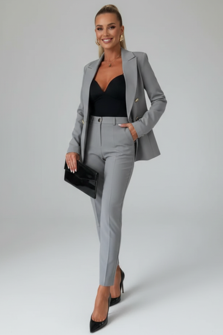 Women's tailored blazer and high-waisted trousers suit set in premium polyester blend, perfect for elegant professional attire, showcasing a sophisticated design in a classic fit. 9