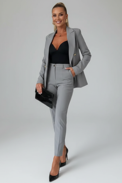 Women's tailored blazer and high-waisted trousers suit set in premium polyester blend, perfect for elegant professional attire, showcasing a sophisticated design in a classic fit. 9