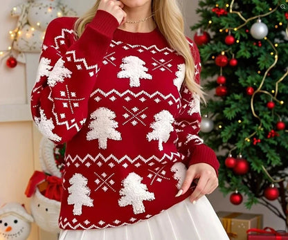 Women's Christmas tree jacquard sweater featuring a comfortable crew neck, made from a soft cotton-nylon blend, designed for a regular fit. 2