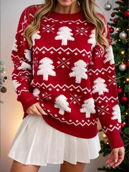 Women's Christmas tree jacquard sweater featuring a comfortable crew neck, made from a soft cotton-nylon blend, designed for a regular fit. 4