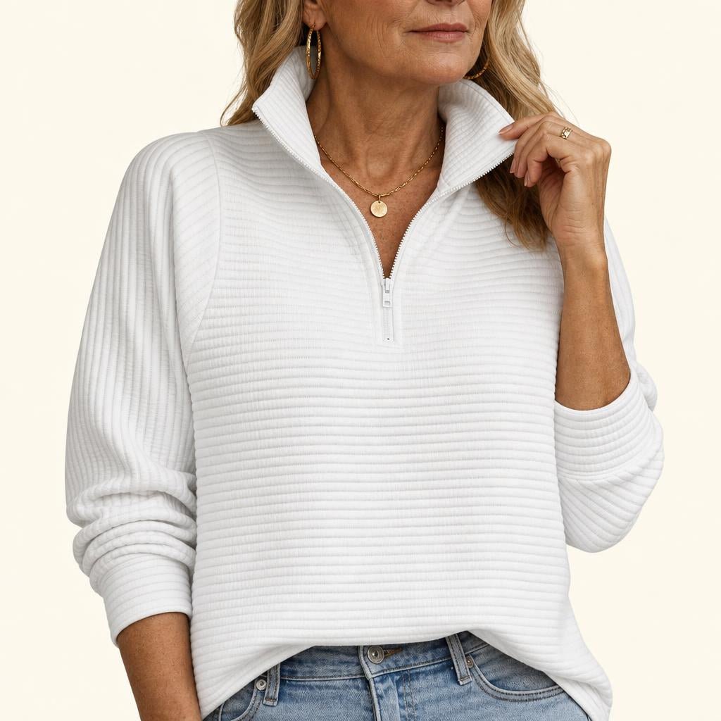 Women's relaxed fit sweater featuring a stylish half-zip design, balloon sleeves, and a cozy funnel neck, perfect for casual outings and layering in cooler weather 0