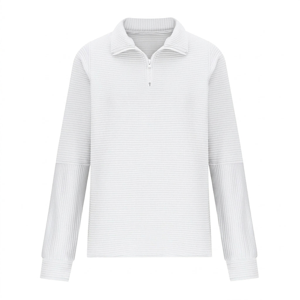 Women's relaxed fit sweater featuring a stylish half-zip design, balloon sleeves, and a cozy funnel neck, perfect for casual outings and layering in cooler weather 4
