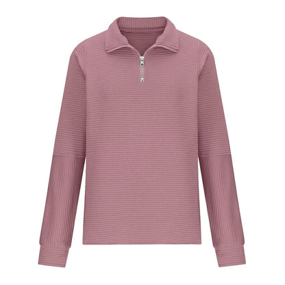 Women's relaxed fit sweater featuring a stylish half-zip design, balloon sleeves, and a cozy funnel neck, perfect for casual outings and layering in cooler weather 5