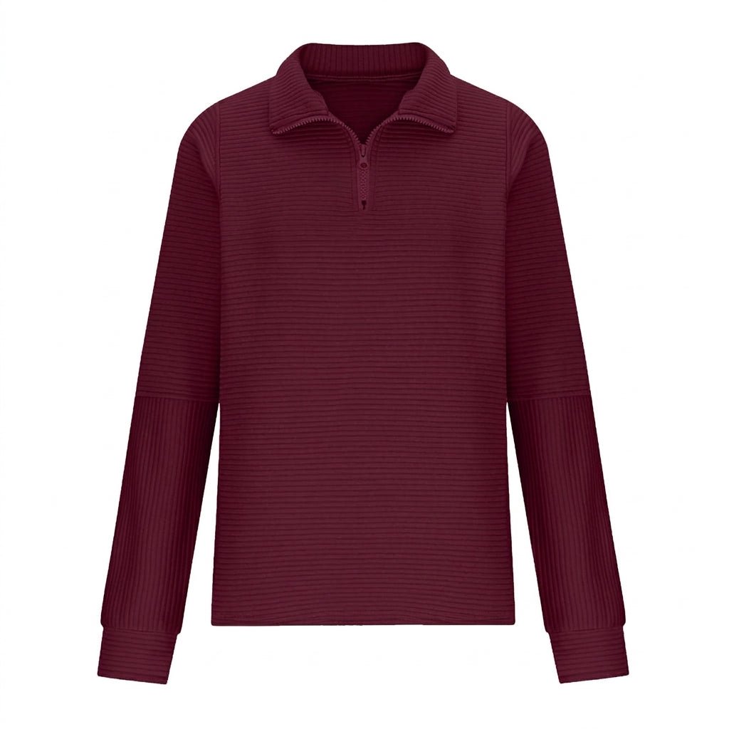 Women's relaxed fit sweater featuring a stylish half-zip design, balloon sleeves, and a cozy funnel neck, perfect for casual outings and layering in cooler weather 6