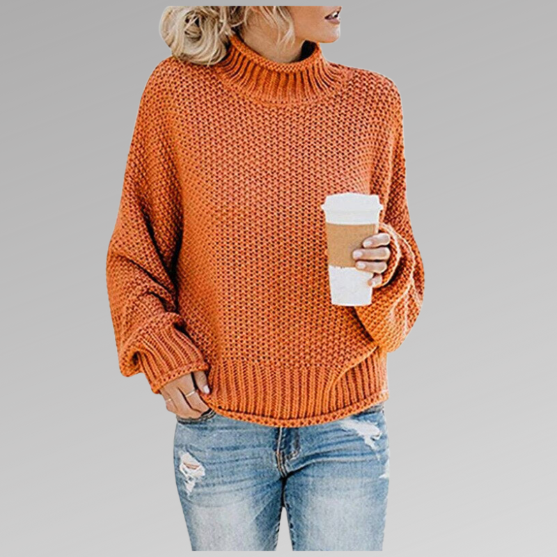 Women's orange high-neck sweater featuring a soft cozy knit and draped fit, perfect for stylish layering in cooler weather. 0