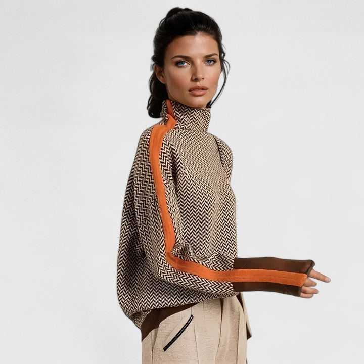 Women's high neck sweater featuring bold stripes, made from cozy knit fabric, perfect for everyday wear. 1