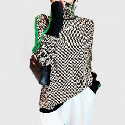 Women's high neck sweater featuring bold stripes, made from cozy knit fabric, perfect for everyday wear. 4
