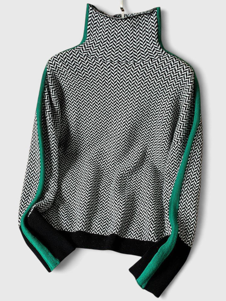 Women's high neck sweater featuring bold stripes, made from cozy knit fabric, perfect for everyday wear. 5