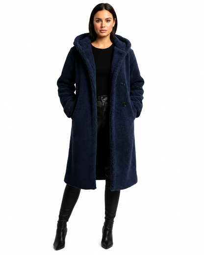 Women's plush teddy coat with a hood and button closure, featuring a relaxed fit, perfect for winter warmth and style. 0