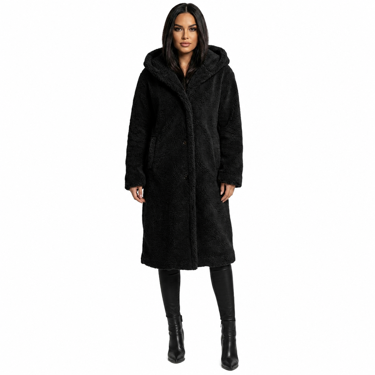 Women's plush teddy coat with a hood and button closure, featuring a relaxed fit, perfect for winter warmth and style. 5