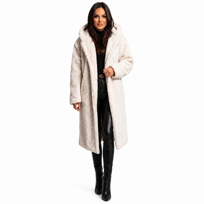 Women's plush teddy coat with a hood and button closure, featuring a relaxed fit, perfect for winter warmth and style. 6