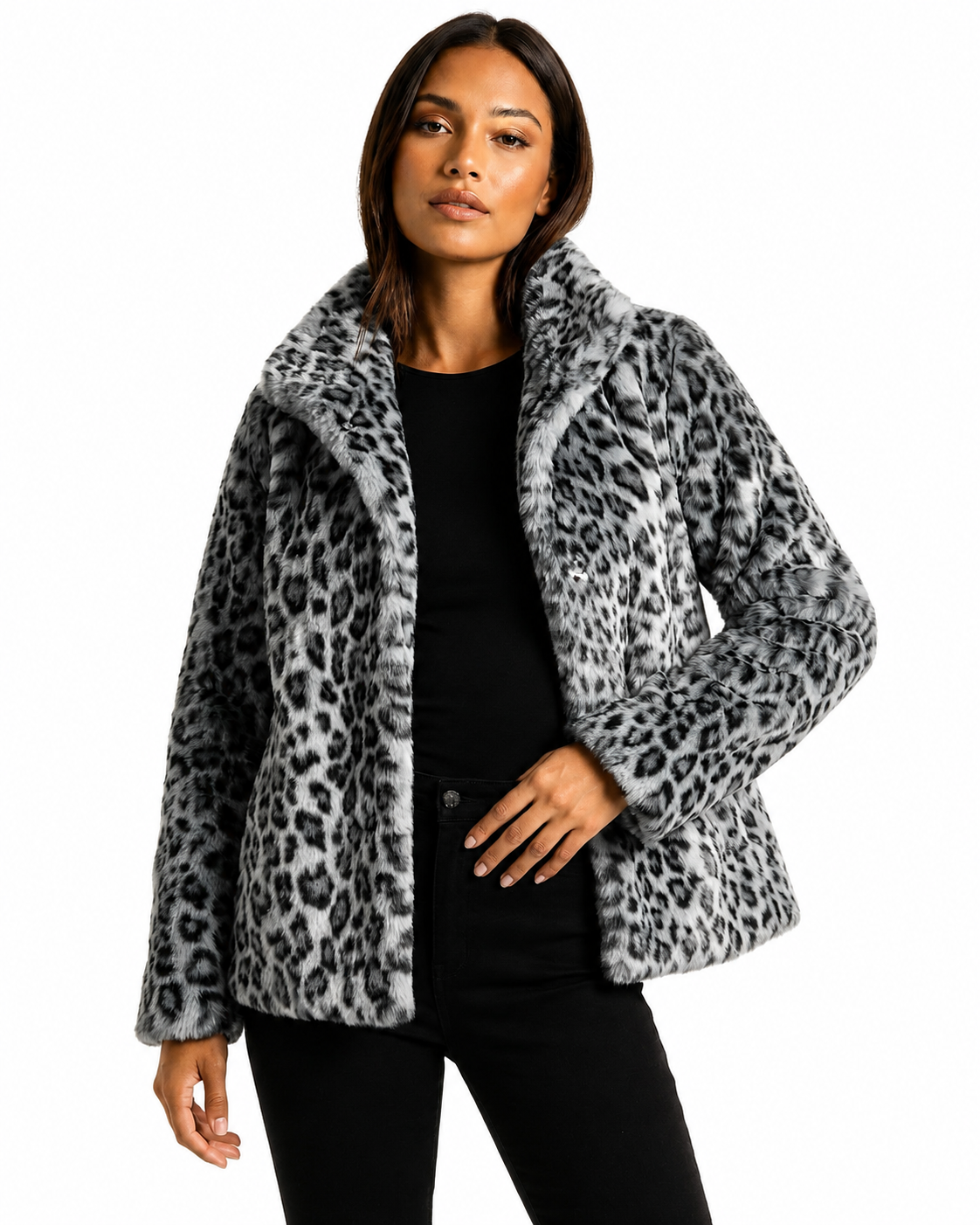 Women's teddy jacket featuring plush leopard print fabric, designed for a relaxed fit, perfect for stylish fall and winter outerwear. 1