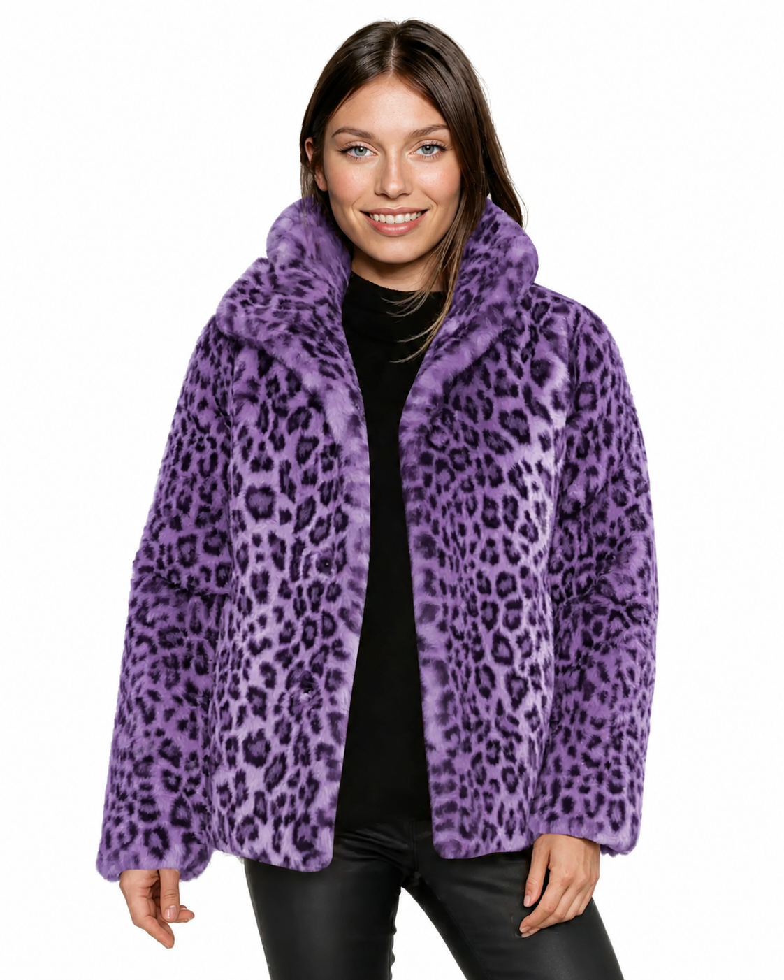 Women's teddy jacket featuring plush leopard print fabric, designed for a relaxed fit, perfect for stylish fall and winter outerwear. 4