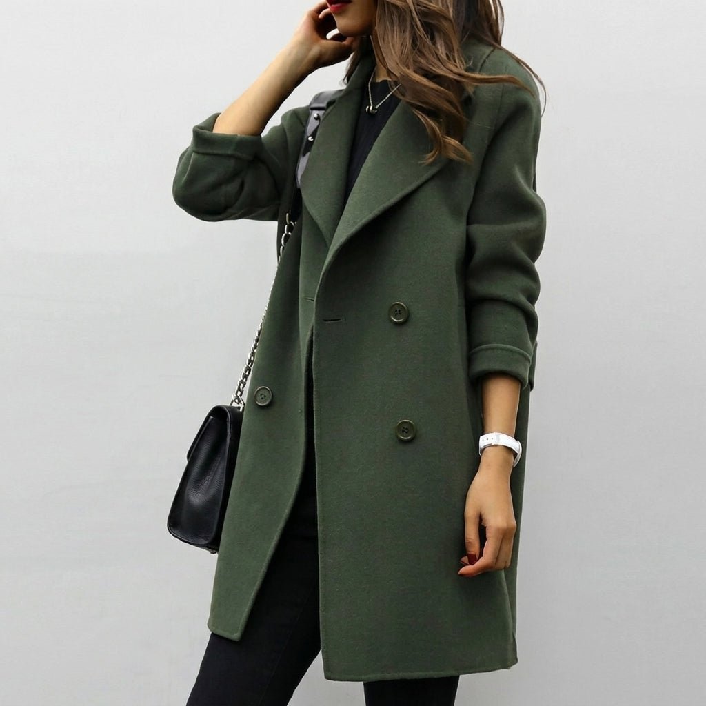 Women's mid-length trench coat featuring a double breasted closure and notched lapel, perfect for stylish warmth during winter. 0