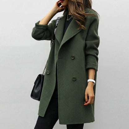 Women's mid-length trench coat featuring a double breasted closure and notched lapel, perfect for stylish warmth during winter. 0