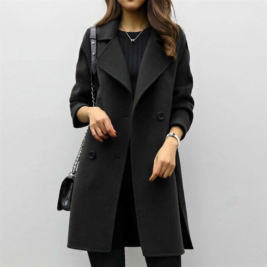 Women's mid-length trench coat featuring a double breasted closure and notched lapel, perfect for stylish warmth during winter. 3