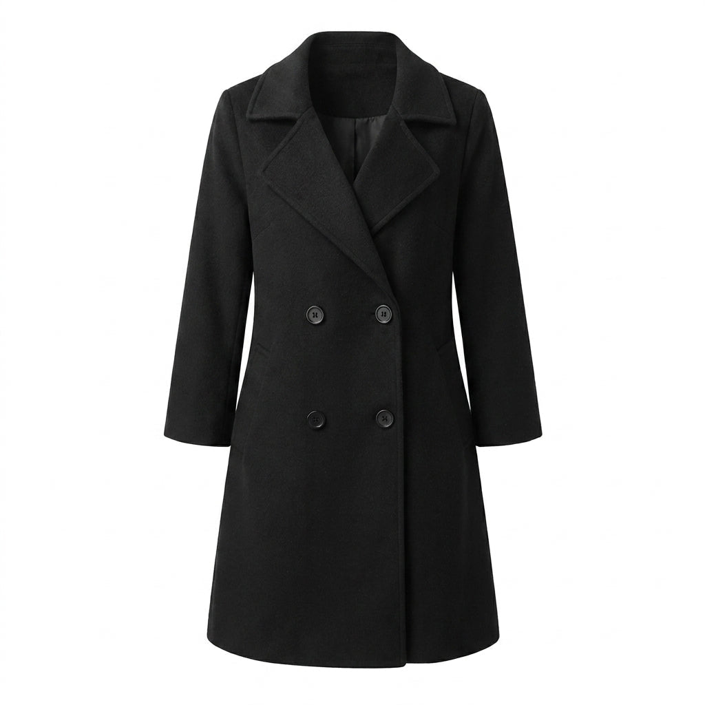 Women's mid-length trench coat featuring a double breasted closure and notched lapel, perfect for stylish warmth during winter. 5