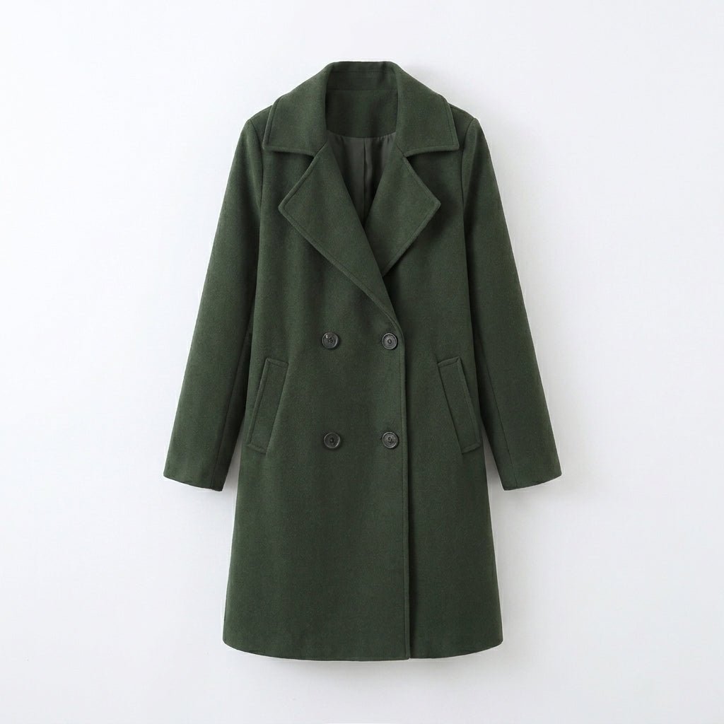 Women's mid-length trench coat featuring a double breasted closure and notched lapel, perfect for stylish warmth during winter. 6