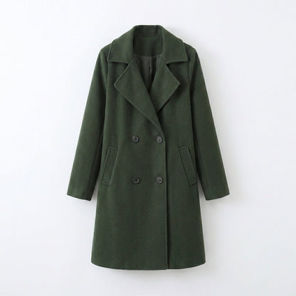 Women's mid-length trench coat featuring a double breasted closure and notched lapel, perfect for stylish warmth during winter. 6