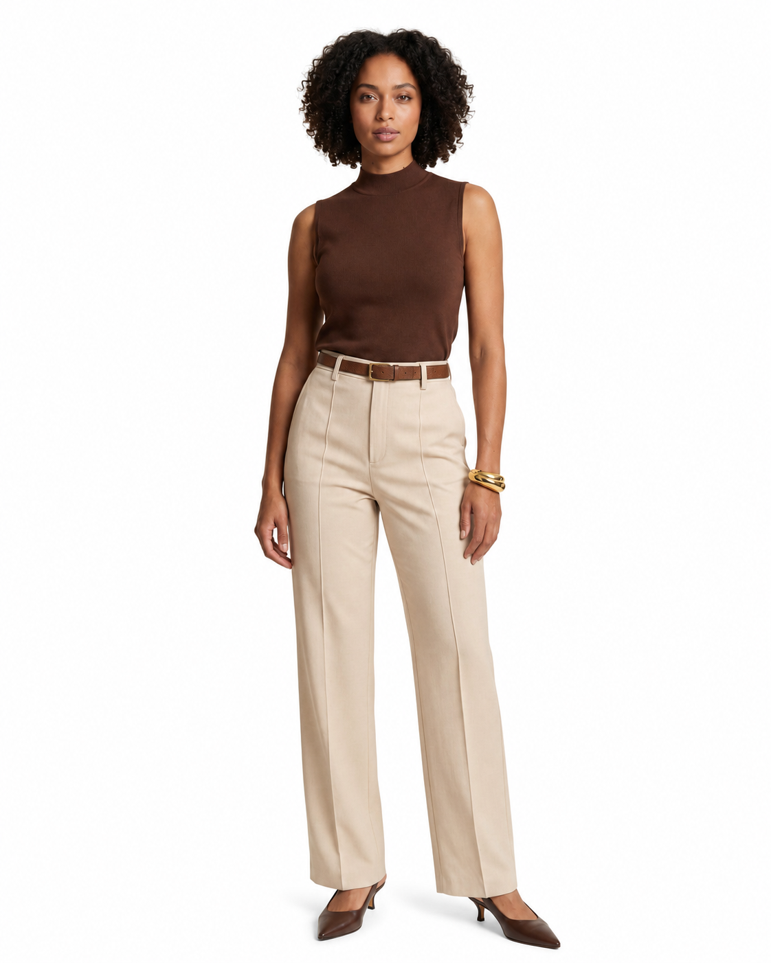 High-waisted straight-leg tailored fit women's trousers in light beige with a hidden zip, perfect for stylish and comfortable everyday wear. 0