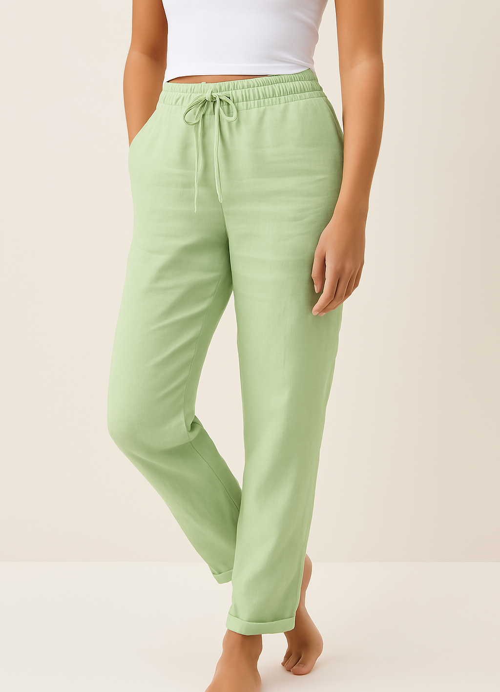 Women's trousers featuring an elastic waist and drawstring, designed in a modern straight leg style for ultimate comfort and versatility. 0