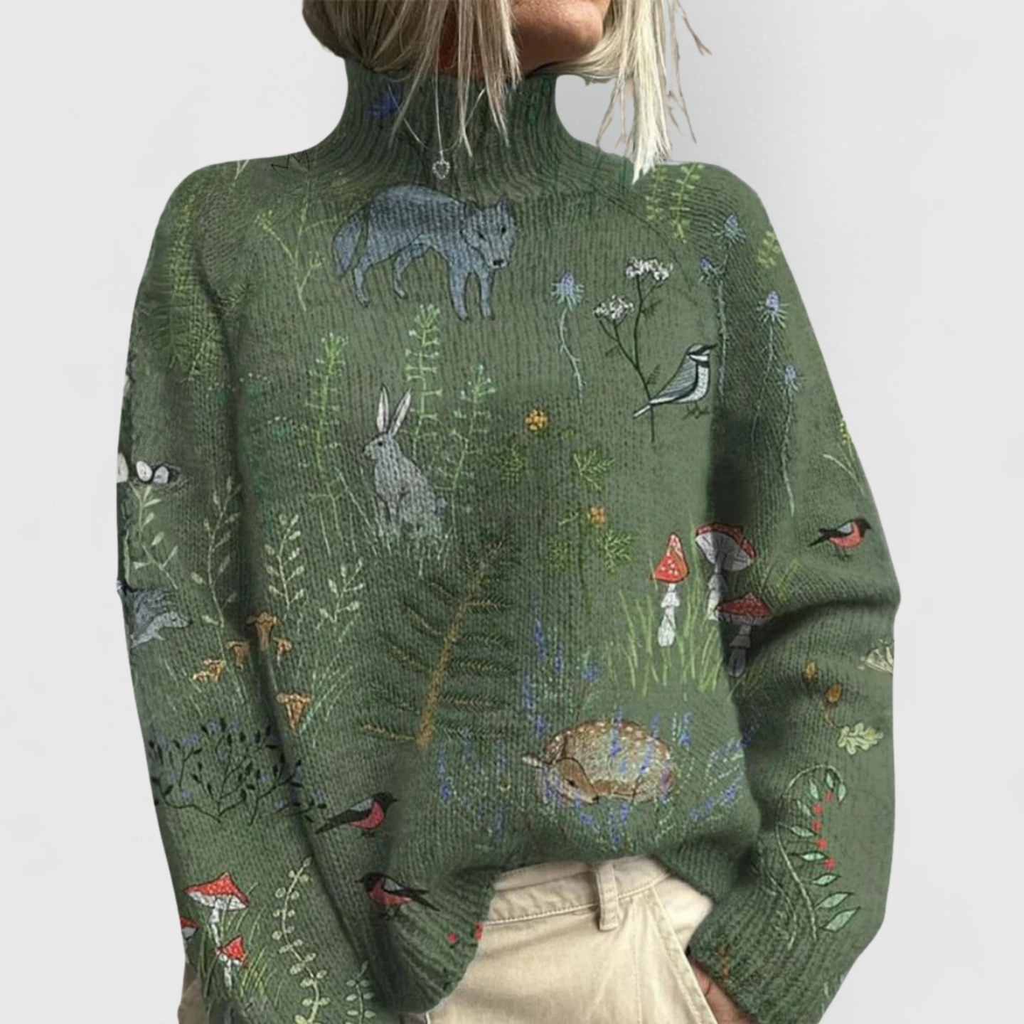 Women's elegant green turtleneck sweater with a relaxed fit and ribbed details, perfect for stylish layering in cooler weather. 0
