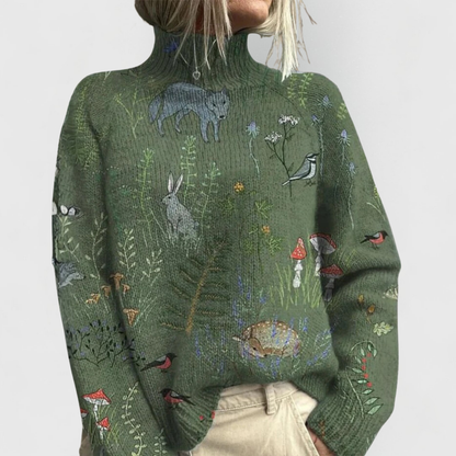 Women's elegant green turtleneck sweater with a relaxed fit and ribbed details, perfect for stylish layering in cooler weather. 0