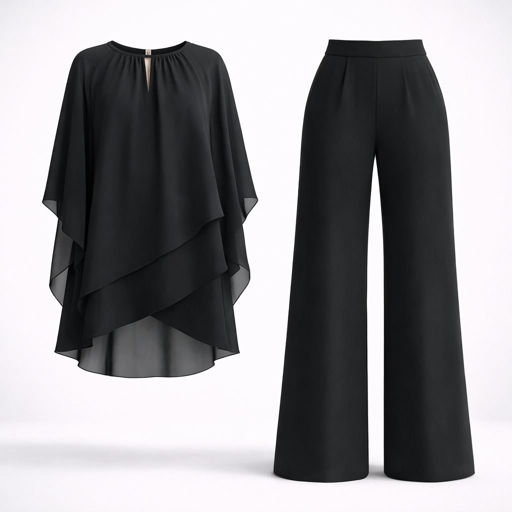 Women's two piece set featuring a stylish layered design and relaxed fit trousers, perfect for elegant casual outings or comfortable everyday wear. 0