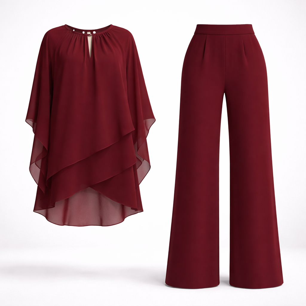 Women's two piece set featuring a stylish layered design and relaxed fit trousers, perfect for elegant casual outings or comfortable everyday wear. 2