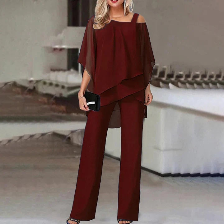 Women's two piece set featuring a stylish layered design and relaxed fit trousers, perfect for elegant casual outings or comfortable everyday wear. 3
