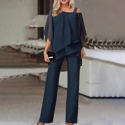 Women's two piece set featuring a stylish layered design and relaxed fit trousers, perfect for elegant casual outings or comfortable everyday wear. 5