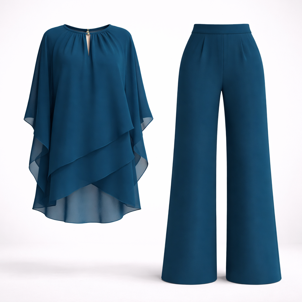 Women's two piece set featuring a stylish layered design and relaxed fit trousers, perfect for elegant casual outings or comfortable everyday wear. 6