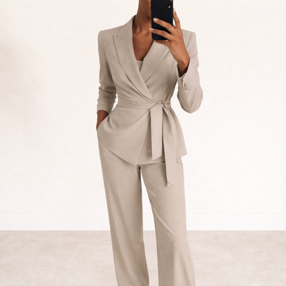 Women's two piece set featuring a stylish tie belt and wide trousers, perfect for work and formal events, showcasing an elegant modern design. 1