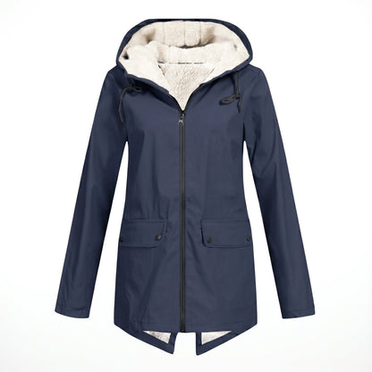 Women's waterproof rain jacket featuring an adjustable hood, designed for windproof and breathable comfort, perfect for everyday wear in all weather conditions. 1