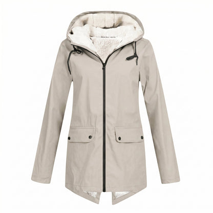Women's waterproof rain jacket featuring an adjustable hood, designed for windproof and breathable comfort, perfect for everyday wear in all weather conditions. 3