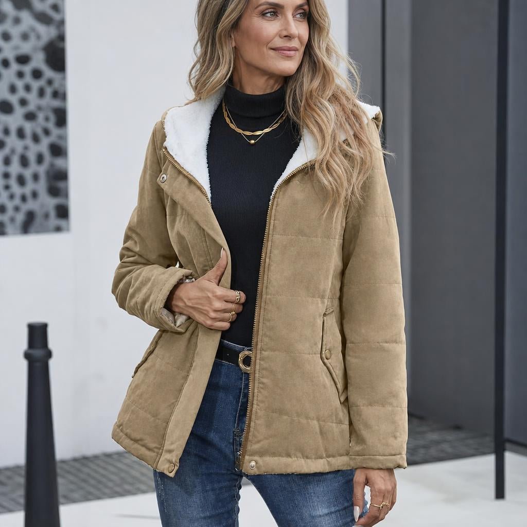 Women's winter jacket featuring a plush lining, structured hood, and zip-up design, perfect for keeping warm in cold weather. 0