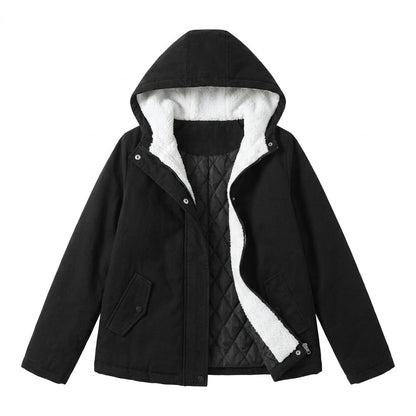 Women's winter jacket featuring a plush lining, structured hood, and zip-up design, perfect for keeping warm in cold weather. 8