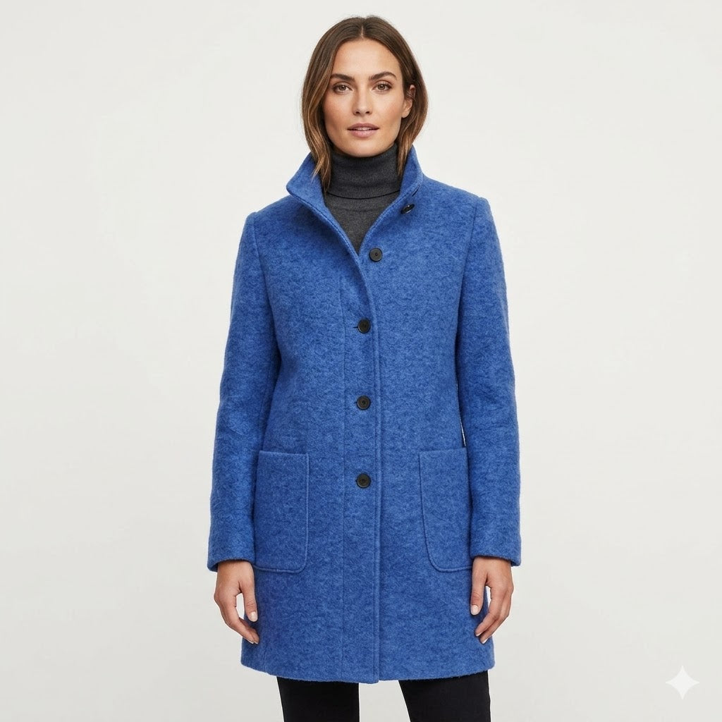 Women's wool coat featuring a tailored fit and timeless button design, perfect for elegant winter outerwear. 0