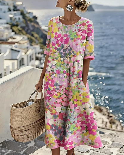 Womens A-Line Midi Dress with Pockets in Floral Cotton Blend, Perfect for Casual Summer Outings 0