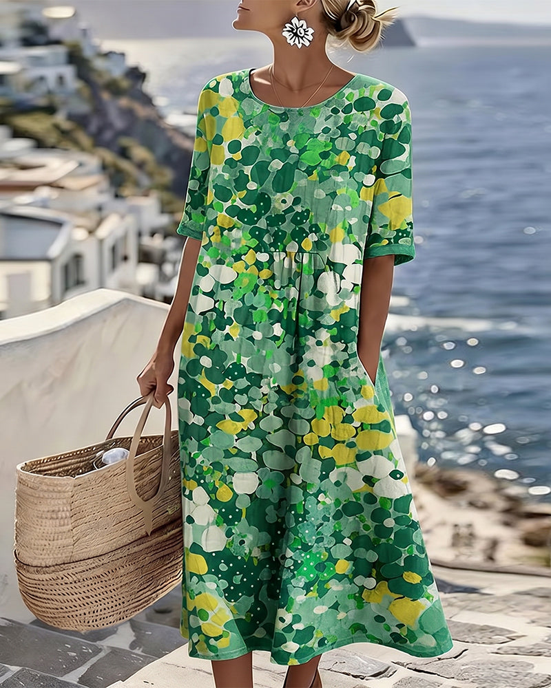 Womens A-Line Midi Dress with Pockets in Floral Cotton Blend, Perfect for Casual Summer Outings 1