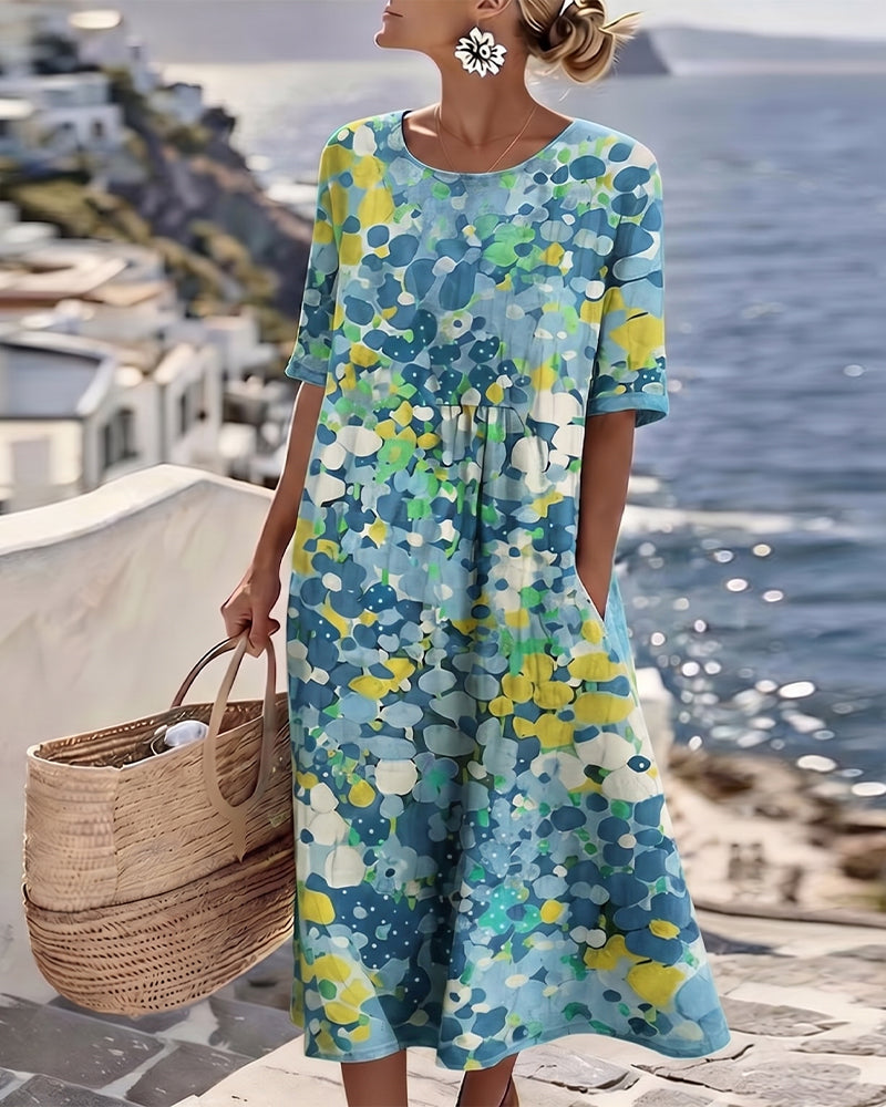 Womens A-Line Midi Dress with Pockets in Floral Cotton Blend, Perfect for Casual Summer Outings 2