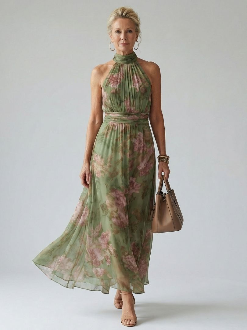 Womens Halter Midi Dress with Gathered Bodice in Floral Design - Lightweight Sleeveless Summer Dress for Effortless Style 0