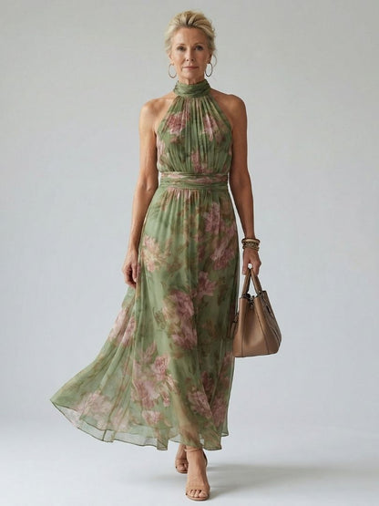 Womens Halter Midi Dress with Gathered Bodice in Floral Design - Lightweight Sleeveless Summer Dress for Effortless Style 0