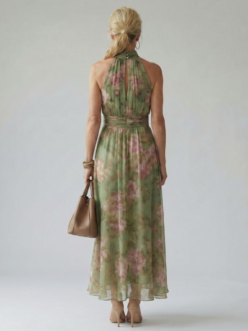 Womens Halter Midi Dress with Gathered Bodice in Floral Design - Lightweight Sleeveless Summer Dress for Effortless Style 3