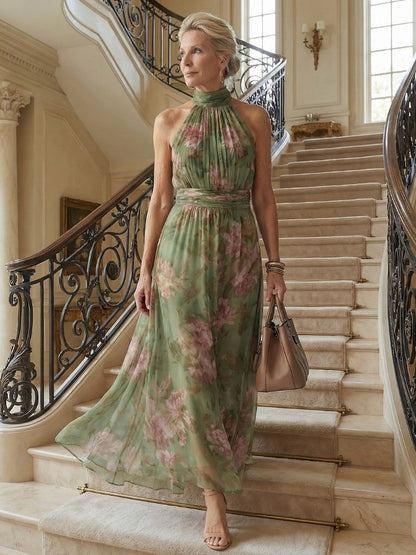Womens Halter Midi Dress with Gathered Bodice in Floral Design - Lightweight Sleeveless Summer Dress for Effortless Style 6