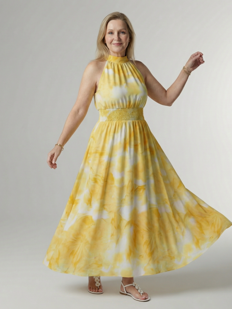 Lightweight summer midi dress for women featuring a sleeveless halter design, perfect for warm weather outings. 0