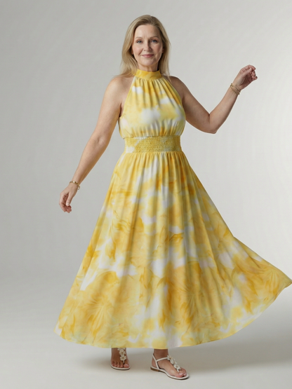 Lightweight summer midi dress for women featuring a sleeveless halter design, perfect for warm weather outings. 0