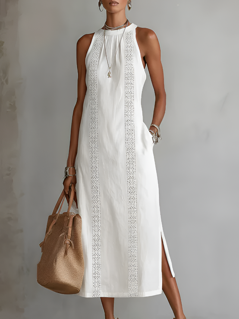 Relaxed midi women's dress featuring a mandarin collar, made from a lightweight cotton linen blend, perfect for summer wear. 0