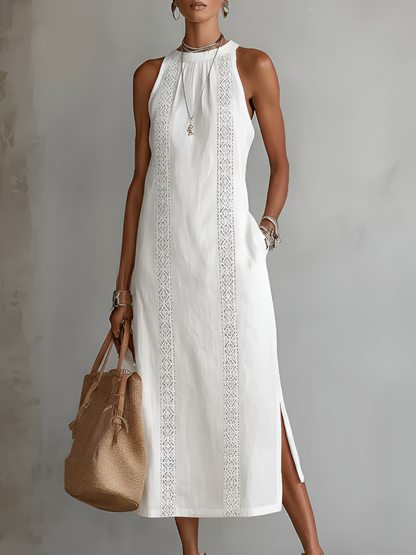 Relaxed midi women's dress featuring a mandarin collar, made from a lightweight cotton linen blend, perfect for summer wear. 0